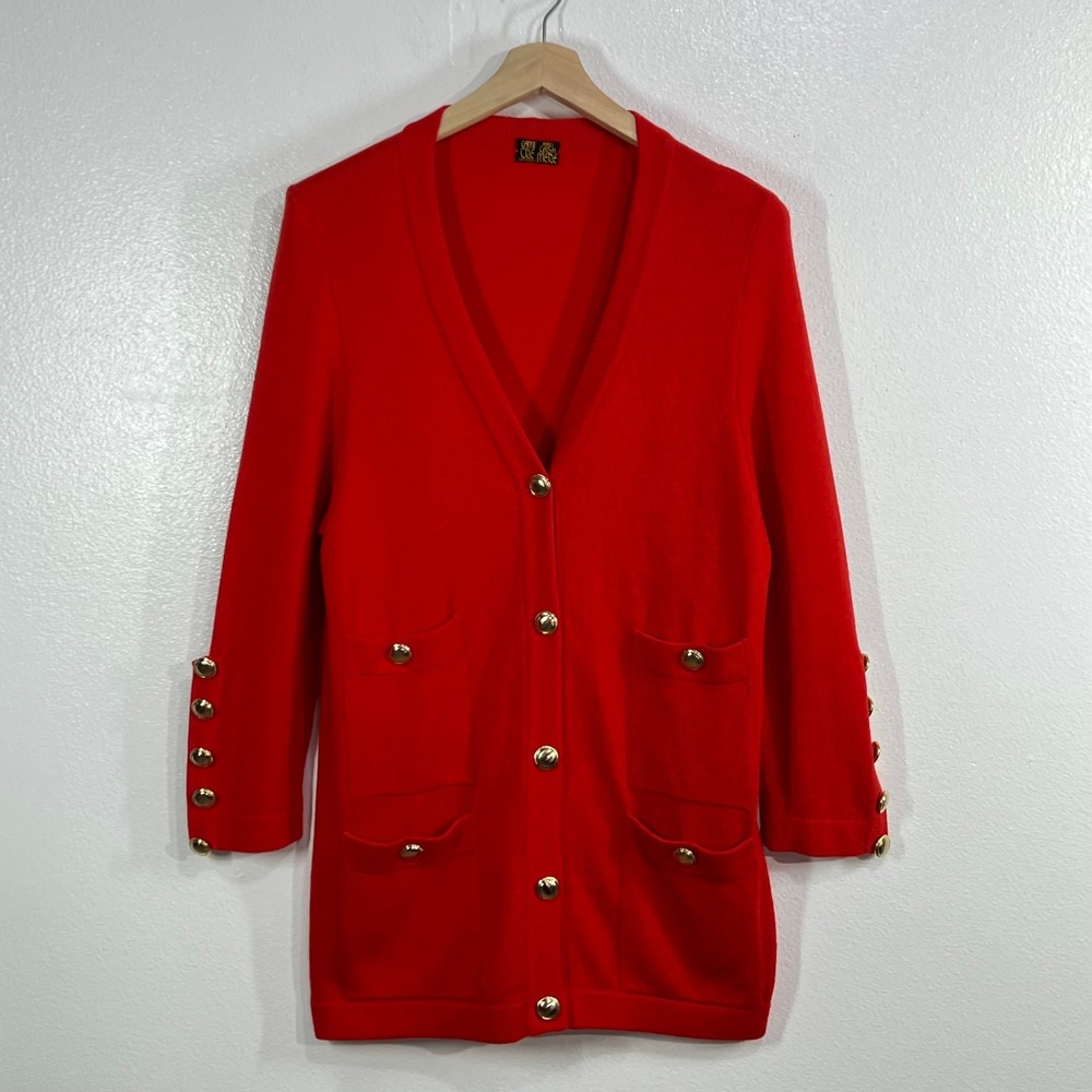 Vtg. Camicre Italy 100% Cashmere Red Long Cardigan Sweater Gold Buttons Luxury